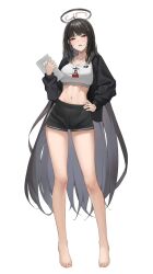 Rule 34 | 1girl, ahoge, bare legs, black hair, black halo, black jacket, black shorts, blue archive, blush, collarbone, gangsoon86, hair in own mouth, halo, hand on own stomach, highres, holding, holding tablet pc, id card, jacket, long hair, navel, open mouth, red eyes, rio (blue archive), shorts, simple background, solo, sports bra, stomach, sweat, tablet pc, very long hair, white background
