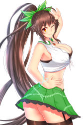 Rule 34 | 1girl, adapted costume, ahoge, ass, bad anatomy, bad hands, bare shoulders, black bra, black thighhighs, bow, bra, breasts, brown hair, cleavage, crop top, front-tie shirt, garter straps, hair bow, hand on own hip, hand over eye, highres, jewelry, large breasts, long hair, looking at viewer, microskirt, necklace, nekoda (maoda), no panties, one eye closed, pendant, ponytail, poorly drawn, red eyes, reiuji utsuho, shirt, simple background, skirt, sleeveless, sleeveless shirt, smile, solo, swimsuit, thighhighs, tied shirt, touhou, underwear, very long hair, white background, wink