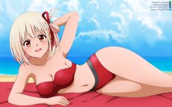 Rule 34 | 1girl, :d, arm behind head, arm support, armpits, beach, bikini, blonde hair, breasts, hair ribbon, highres, large breasts, lycoris recoil, lying, navel, nishikigi chisato, on side, open mouth, red bikini, red eyes, red ribbon, ribbon, short hair, shugo19, smile, solo, swimsuit, water