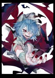 Rule 34 | 1girl, bad id, bad twitter id, bat wings, black background, black border, blue hair, border, bow, foreshortening, hair over one eye, hat, highres, ikurauni, letterboxed, nail polish, perspective, pillarboxed, red bow, red eyes, red nails, remilia scarlet, solo, teeth, touhou, wings