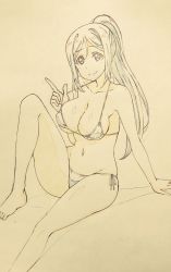 Rule 34 | 10s, 1girl, bikini, bikini pull, blue hair, breasts, cleavage, clothes pull, collarbone, color trace, commentary request, graphite (medium), highres, kotokoto (jumon), large breasts, long hair, love live!, love live! sunshine!!, matsuura kanan, navel, ponytail, side-tie bikini bottom, sitting, smile, solo, strap pull, swimsuit, traditional media, underboob