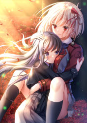Rule 34 | 2girls, black dress, black hair, black socks, blonde hair, breasts, closed mouth, commentary request, dress, feet out of frame, floating hair, flower, grey dress, hair ribbon, hand on another&#039;s head, hand up, highres, hug, inoue takina, knees up, long hair, long sleeves, lycoris recoil, lycoris uniform, medium breasts, multiple girls, nishikigi chisato, petals, pleated dress, purple eyes, red dress, red eyes, red flower, red ribbon, ribbon, smile, socks, spider lily, toshi (1-147), two-tone dress, very long hair