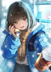 Rule 34 | 1girl, :d, black skirt, blue jacket, blush, brown eyes, brown hair, brown scarf, can, can to cheek, canned coffee, coat, cowboy shot, drink, drink can, head tilt, high-waist skirt, highres, holding, holding drink, hood, hood down, hooded jacket, incoming drink, jacket, looking at viewer, night, open clothes, open jacket, open mouth, original, outdoors, plaid, plaid scarf, plus1024, scarf, shirt, shirt tucked in, skirt, smile, snowing, solo, vending machine, white shirt, winter clothes, winter coat