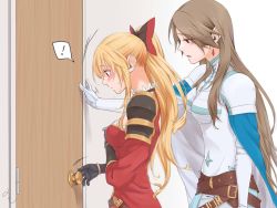 Rule 34 | !, 2girls, black bow, black gloves, blonde hair, blue cape, blush, bow, breasts, brown hair, cape, commentary request, couple, door, doorknob, dress, female focus, from side, gloves, granblue fantasy, hair bow, half-closed eyes, head down, katalina (granblue fantasy), long hair, looking at another, looking down, medium breasts, miso-ha (ukyuu), multiple girls, neck, open mouth, ponytail, profile, red bow, red dress, red eyes, spoken exclamation mark, standing, sweat, upper body, vira (granblue fantasy), white gloves, yuri
