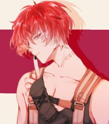 Rule 34 | 1boy, absurdres, baihua er, black tank top, facial mark, finger to mouth, hand up, highres, index finger raised, male focus, naruto, naruto (series), overalls, red background, red eyes, red hair, sasori (naruto), short hair, shushing, solo, tank top, upper body, yellow background