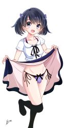 Rule 34 | 1boy, black hair, blush, bulge, clothes lift, crossdressing, highres, koushisong, lifting own clothes, long hair, male focus, original, panties, purple eyes, purple ribbon, ribbon, ribbon hair, skirt, skirt lift, solo, string panties, thighhighs, trap, underwear, white background