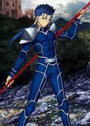 Rule 34 | 1boy, armor, blue hair, castle, cu chulainn (fate), earrings, fate/grand order, fate/stay night, fate (series), holding, holding weapon, jewelry, lance, cu chulainn (fate/stay night), long hair, looking at viewer, male focus, official art, polearm, ponytail, red eyes, resized, shoulder armor, solo, pauldrons, spear, takeuchi takashi, upscaled, waifu2x, weapon