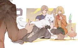 Rule 34 | 1girl, 2boys, animal, ashley graham, bird, black pants, blonde hair, blue eyes, chicken, dog, fingerless gloves, gloves, green eyes, highres, humidifier xd, leon s. kennedy, looking at viewer, luis sera, male focus, multiple boys, muscular, muscular male, pants, pantyhose, red scarf, resident evil, resident evil 4, resident evil 4 (remake), scarf, short hair, sitting, sketch, smile, squatting, taking picture, thumbs up, v