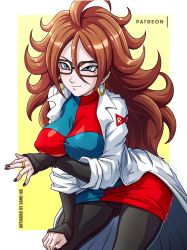 Rule 34 | 1girl, absurdres, android 21, arm warmers, bare shoulders, big hair, black-framed eyewear, black nails, blue eyes, breasts, brown hair, curly hair, detached sleeves, dragon ball, dragon ball fighterz, dress, earrings, fernando sano, glasses, highres, hoop earrings, jewelry, lab coat, long hair, looking at viewer, medium breasts, multicolored clothes, multicolored dress, nail polish, pantyhose, red hair, ring, sano br, solo, thighs