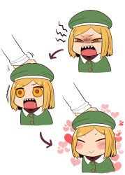 Rule 34 | 1girl, 221 (tsutsuichi), ^ ^, beret, blonde hair, blush, commentary request, closed eyes, fate/grand order, fate (series), gloves, hand on another&#039;s head, hat, long sleeves, open mouth, paul bunyan (fate), headpat, short hair, smile, yellow eyes