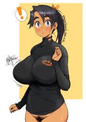 Rule 34 | !, 1girl, arm up, artist name, black eyes, black hair, blush, bottomless, breasts, commentary request, dark-skinned female, dark skin, dated, female pubic hair, hair between eyes, highres, large breasts, long hair, long sleeves, looking at viewer, motion lines, original, ponytail, pubic hair, sanemichi hajime, simple background, solo, sweater, turtleneck, turtleneck sweater, two-tone background