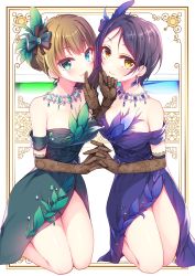 Rule 34 | 2girls, bare shoulders, blush, bow, bracelet, breasts, brown hair, dress, earrings, elbow gloves, feathers, finger to mouth, gem, gloves, green bow, green dress, green eyes, green gemstone, gunp, hair bow, hair bun, hair ornament, hayami kanade, idolmaster, idolmaster cinderella girls, jewelry, looking at viewer, medium breasts, mole, mole under eye, multiple girls, mysterious eyes (idolmaster), parted bangs, pretty liar (idolmaster), purple bow, purple dress, purple hair, short hair, single hair bun, smile, takagaki kaede, yellow eyes