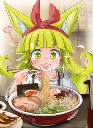 Rule 34 | 1girl, :d, alternate hair ornament, animal ears, blonde hair, blunt bangs, blush, bow, bowl, chopsticks, commentary request, desk, doitsuken, dress, dumpling, egg, fangs, flying sweatdrops, food, food request, fox child (doitsuken), fox ears, hair bow, hairband, heart, heart in mouth, highres, holding, holding chopsticks, jiaozi, long sleeves, looking down, meat, noodles, open mouth, original, plate, ramen, short eyebrows, short hair, sitting, smile, solo, thick eyebrows, white dress, yellow eyes