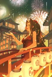 Rule 34 | 1girl, absurdres, aerith gainsborough, architecture, bare shoulders, bracelet, breasts, bridge, brown hair, cleavage, confetti, dododo, dress, east asian architecture, final fantasy, final fantasy vii, final fantasy vii remake, fireworks, flamenco dress, flower, green eyes, hair flower, hair ornament, hand up, highres, jewelry, lantern, long dress, long hair, medium breasts, necklace, official alternate costume, open mouth, outdoors, paper lantern, parted bangs, ponytail, red dress, red flower, sidelocks, sleeveless, sleeveless dress, smile, solo, square enix, star (symbol), star necklace, strapless, strapless dress, upper body, wall market, wavy hair