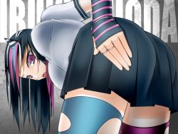 Rule 34 | 10s, 1girl, ass, bent over, black hair, breasts, character name, danganronpa (series), from behind, from below, hair ornament, hand on ass, hanging breasts, jewelry, leaning, leaning forward, long hair, looking at viewer, mioda ibuki, mitty (bareg 09), multicolored hair, open mouth, pink hair, purple eyes, school uniform, skirt, danganronpa 2: goodbye despair, thighhighs