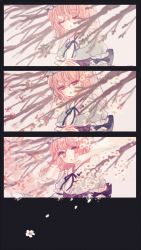 Rule 34 | 1girl, 4koma, bad id, bad twitter id, cherry blossoms, comic, commentary request, expressionless, closed eyes, flower, half-closed eyes, own hands clasped, looking at viewer, out of frame, own hands together, petals, pink eyes, pink hair, saigyouji yuyuko, short hair, touhou, branch, upper body, yujup