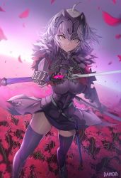 Rule 34 | 1girl, ahoge, arm guards, armor, armored boots, armored dress, blurry, boots, breasts, chain, closed mouth, damda, depth of field, dual wielding, fate/grand order, fate (series), floating hair, fur trim, gauntlets, greaves, headpiece, holding, holding sword, holding weapon, jeanne d&#039;arc (fate), jeanne d&#039;arc alter (avenger) (fate), jeanne d&#039;arc alter (fate), large breasts, long hair, looking at viewer, outdoors, petals, purple thighhighs, sash, sheath, short hair, sidelocks, silver hair, skindentation, skirt, smile, solo, sword, symbol-shaped pupils, thighhighs, weapon, wind, wind lift, yellow eyes