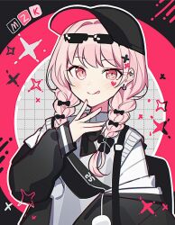 Rule 34 | 1other, akiyama mizuki, alternate costume, androgynous, baseball cap, black bow, blush, bow, braid, commentary, dot nose, earrings, eyewear on head, grey sweater vest, hair over shoulder, hand up, hat, heart, highres, jewelry, long hair, long sleeves, looking at viewer, pink eyes, pink hair, project sekai, solo, star (symbol), sweater vest, symbol-only commentary, tongue, tongue out, twin braids, upper body, waka (wk4444)