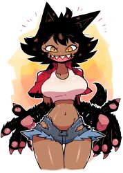 Rule 34 | 1girl, :d, absurdres, animal hands, black hair, blush, breasts, claws, cowboy shot, dark-skinned female, dark skin, highres, jacket, large breasts, micro shorts, midriff, navel, notice lines, open clothes, open jacket, open mouth, original, rariatto (ganguri), red jacket, rudy (rariatto), sharp teeth, shirt, short sleeves, shorts, smile, solo, teeth, thigh gap, white shirt, yellow eyes