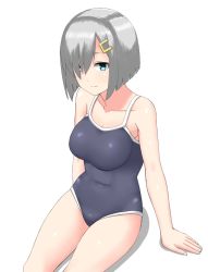 Rule 34 | 1girl, 30-06, arm support, bad id, bad pixiv id, blue eyes, breasts, competition school swimsuit, cowboy shot, eyes visible through hair, grey one-piece swimsuit, hair ornament, hair over one eye, hairclip, hamakaze (kancolle), kantai collection, looking at viewer, medium breasts, one-piece swimsuit, school swimsuit, shadow, short hair, silver hair, simple background, sitting, smile, solo, swimsuit, thighs, white background