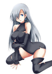 Rule 34 | 10s, 1girl, arched back, black thighhighs, blue eyes, breasts, detached sleeves, earrings, elizabeth liones, from side, grey hair, hair over one eye, halterneck, hiba (p-p-purin), jewelry, large breasts, legs apart, leotard, long hair, looking at viewer, nanatsu no taizai, open mouth, simple background, solo, surprised, thighhighs, thighs, torn clothes, torn thighhighs, very long hair, white background