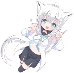 Rule 34 | 1girl, absurdres, ahoge, animal ear fluff, animal ears, arms up, black shorts, black thighhighs, blue neckerchief, braid, breasts, commentary request, detached sleeves, fox ears, fox girl, fox shadow puppet, hair between eyes, highres, hololive, hood, hoodie, kurasesu, long hair, looking at viewer, midriff, navel, neckerchief, shirakami fubuki, shirakami fubuki (1st costume), short shorts, shorts, sidelocks, simple background, single braid, single thighhigh, small breasts, solo, thigh strap, thighhighs, very long hair, virtual youtuber, white background, white hair, white hoodie