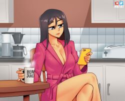 Rule 34 | 1girl, black eyes, black hair, breasts, cellphone, chair, cleavage, coffee maker, coffee mug, collarbone, commentary, crossed legs, cup, english commentary, eyebrows hidden by hair, flower, holding, holding phone, kitchen, large breasts, mug, nortuet, original, phone, red flower, red rose, rose, sitting, smartphone, smile, solo, steam, toaster