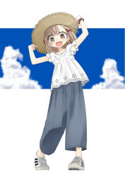 Rule 34 | 1girl, :d, arms up, blouse, blue sky, blush, brown eyes, brown hat, cloud, commentary request, day, fang, full body, grey pants, hair between eyes, hair ornament, hairclip, hands on headwear, hat, highres, leaning to the side, light brown hair, no socks, open mouth, original, pants, shirt, shoes, sky, smile, sneakers, solo, standing, straw hat, usui harusame, watch, white footwear, white shirt, wristwatch, x hair ornament