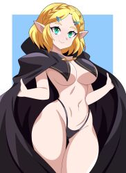 Rule 34 | 1girl, absurdres, abysswatchers, black cape, black panties, blonde hair, blue background, border, breasts, cape, cloak, closed mouth, cowboy shot, green eyes, highleg, highleg panties, highres, large breasts, navel, nintendo, panties, parted bangs, pointy ears, princess zelda, short hair, simple background, smile, solo, standing, the legend of zelda, the legend of zelda: tears of the kingdom, thigh gap, underwear, white border