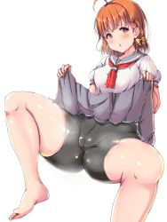 Rule 34 | 1girl, :o, absurdres, ahoge, ass, barefoot, bike shorts, black shorts, blush, braid, clothes lift, embarrassed, full body, furrowed brow, gluteal fold, grey sailor collar, grey skirt, highres, lifted by self, looking at viewer, love live!, love live! sunshine!!, neckerchief, open mouth, orange hair, pleated skirt, red neckerchief, ribbon, sailor collar, school uniform, seams, serafuku, shinonon (iso shino), short hair, short sleeves, shorts, shorts under skirt, side braid, simple background, skindentation, skirt, skirt lift, solo, spread legs, takami chika, takami shima, thick thighs, thighs, tie clip, uranohoshi school uniform, white background, yellow ribbon
