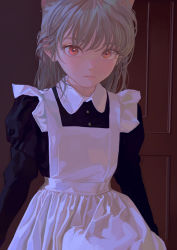 Rule 34 | 1girl, animal ears, apron, black dress, buttons, cat ears, collared dress, cowboy shot, dress, fkey, frills, gathers, grey hair, hair behind ear, highres, indoors, juliet sleeves, light blush, long sleeves, looking at viewer, maid, maid apron, medium hair, original, parted lips, puffy sleeves, red eyes, solo, white apron, wing collar
