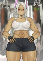Rule 34 | 1girl, abs, animal ears, artist name, boku no hero academia, breasts, covered erect nipples, fingerless gloves, gloves, hands on own hips, highres, large breasts, long hair, looking at viewer, mirko, muscular, muscular female, navel, rabbit ears, red eyes, see-through, shorts, shosho oekaki, smile, solo, sweat, thick thighs, thighs, white hair, wide hips