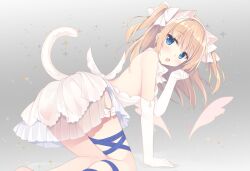 Rule 34 | 1girl, angel day, animal ears, blonde hair, blue eyes, blue ribbon, bow, cat ears, cat tail, dress, elbow gloves, fake animal ears, gloves, grey background, hair bow, headband, highres, kagachi saku, original, paw pose, ribbon, simple background, solo, tail, two side up, white bow, white dress, white gloves, white headband