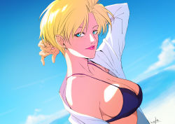 Rule 34 | 1girl, absurdres, blonde hair, blue bra, blue eyes, bra, breasts, cloud, earrings, highres, jewelry, king (snk), large breasts, lipstick, looking at viewer, makeup, open clothes, open shirt, ryuuko no ken, shirt, short hair, signature, sky, snk, strikebeagle, the king of fighters, underwear, white shirt