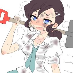 Rule 34 | 1girl, blue eyes, breasts, breath, brown hair, carrying over shoulder, collarbone, collared shirt, dirty, dirty clothes, dirty face, dripping, exhausted, gegege no kitarou, green necktie, highres, holding, holding shovel, inuyama mana, necktie, open collar, open mouth, ponytail, shirt, short sleeves, shovel, small breasts, sweat, tekisui, trowel, upper body, white background, white shirt