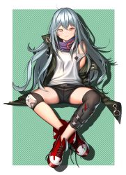 Rule 34 | 1girl, ahd, ahoge, bare shoulders, black shorts, boots, brown eyes, checkered background, closed mouth, commentary request, g11 (girls&#039; frontline), girls&#039; frontline, green jacket, hair between eyes, head tilt, highres, jacket, long hair, long sleeves, looking at viewer, off shoulder, open clothes, open jacket, red footwear, shirt, short shorts, shorts, silver hair, sitting, sleeveless, sleeveless shirt, sleeves past fingers, sleeves past wrists, solo, very long hair, white shirt