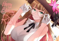 1girl artist_logo ayunda_risu ayunda_risu_(3rd_costume) black_ribbon bra_visible_through_clothes braid breasts brown_hair brown_hat cleavage colored_inner_hair flower glasses gloves green_eyes happy_birthday hat hat_flower highres hololive hololive_indonesia landacdeus logo long_hair multicolored_hair pink_flower pink_hair ribbon see-through_cleavage see-through_clothes semi-rimless_eyewear solo streaked_hair upper_body virtual_youtuber white_gloves