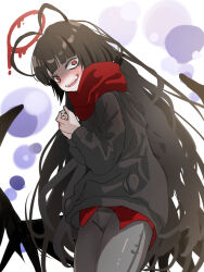 Rule 34 | 1girl, @ @, antenna hair, black hair, black hoodie, black pantyhose, black wings, blue archive, cowboy shot, halo, highres, hood, hoodie, komena (shinyday312), long hair, long sleeves, looking at viewer, open mouth, pantyhose, red eyes, red halo, red scarf, scarf, simple background, solo, tsurugi (blue archive), very long hair, white background, wings