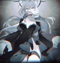 Rule 34 | 1girl, animal ear fluff, animal ears, black choker, black dress, black gloves, blue archive, blue eyes, breasts, choker, cross, dark halo, dress, etomai, extra ears, frilled sleeves, frills, glitch, gloves, grey hair, hair ornament, hair over mouth, halo, high heels, highres, long hair, looking at viewer, medium breasts, mismatched pupils, shiroko (blue archive), shiroko terror (blue archive), solo, thigh strap, wide sleeves, wolf ears