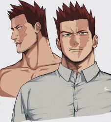 Rule 34 | 1boy, bara, beard, beard stubble, boku no hero academia, collarbone, collared shirt, cropped torso, endeavor (boku no hero academia), facial hair, frown, highres, large pectorals, looking at viewer, looking to the side, male focus, mature male, muscular, muscular male, mustache stubble, nude, pectorals, red hair, scar, scar across eye, shirt, short hair, sideburns, spiked hair, stubble, tonta (tonta1231), turning head