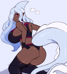 Rule 34 | 1girl, ass, bikini, black bikini, black gloves, blush, breasts, commission, dark-skinned female, dark skin, fingerless gloves, fins, fish tail, from behind, gloves, grey hair, hair over one eye, highres, kneeling, large breasts, leaning forward, long hair, looking at viewer, original, parted lips, pointy ears, shark fin, shark girl, shark tail, smile, solo, swimsuit, tail, the scarlet devil