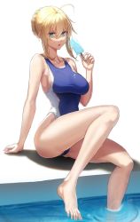 Rule 34 | 1girl, ahoge, alternate costume, artoria pendragon (fate), artoria pendragon (lancer) (fate), barefoot, braid, breasts, competition swimsuit, fate/grand order, fate (series), food, french braid, green eyes, hair between eyes, highres, ice cream, large breasts, legs, one-piece swimsuit, pool, popsicle, short hair, sidelocks, solar (happymonk), swept bangs, swimsuit, thighs