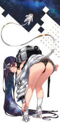 Rule 34 | 1girl, adjusting clothes, adjusting legwear, ass, astronaut, backpack, bag, bent over, black hair, black panties, blue eyes, blush, cable, commentary request, floating, from behind, helmet, high heels, horns, jacket, long hair, long sleeves, looking at viewer, looking back, no pants, open mouth, original, oversized clothes, panties, photoshop (medium), revision, saitou masatsugu, socks, space, space helmet, spacesuit, standing, underwear, very long hair, white socks