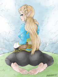 Rule 34 | 1girl, artist name, ass, barefoot, black pants, blonde hair, blush, braid, breasts, closed mouth, crown braid, feet, female focus, foot focus, from behind, full body, green eyes, half updo, highres, huge ass, large breasts, long hair, long sleeves, looking at viewer, looking back, nintendo, on grass, pants, pantylines, pointy ears, pouch, princess zelda, profile, sideboob, sidelocks, sitting, skin tight, solo, szero, the legend of zelda, the legend of zelda: breath of the wild, thighs, twitter username, wariza