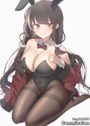 Rule 34 | 1girl, animal ears, bare shoulders, black hair, black leotard, bow, bowtie, breast suppress, breasts, brown pantyhose, cleavage, commission, covered navel, detached collar, fake animal ears, girls&#039; frontline, heterochromia, highleg, highleg leotard, highres, jacket, jewelry, kneeling, large breasts, leotard, long hair, long sleeves, looking at viewer, low twintails, multicolored hair, no shoes, off shoulder, open clothes, open jacket, pantyhose, phago, playboy bunny, rabbit ears, red eyes, red jacket, ring, ro635 (girls&#039; frontline), smile, solo, strapless, strapless leotard, streaked hair, thighband pantyhose, twintails, very long hair, wedding ring, wrist cuffs, yellow eyes