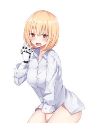 Rule 34 | 1girl, amputee, between legs, blonde hair, blouse, blush, breasts, brown eyes, collared shirt, commentary request, dress shirt, hair between eyes, hand between legs, hand up, long sleeves, mechanical arms, open mouth, original, piripun, prosthesis, shirt, short hair, simple background, single mechanical arm, small breasts, solo, white background, white shirt, yawning