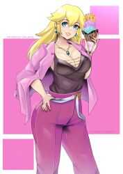 Rule 34 | 1girl, alternate costume, belt, blonde hair, blue eyes, breasts, casual, cleavage, commentary, contemporary, cowboy shot, earrings, food, grin, hair between eyes, hand on own hip, hand up, head tilt, highres, holding, holding food, ice cream, ice cream cone, jacket, jacket on shoulders, jewelry, large breasts, long hair, looking at viewer, mario (series), nintendo, no headwear, pants, pendant, pink jacket, pink lips, princess peach, purple pants, purple shirt, shirt, sidelocks, smile, solo, sphere earrings, standing, vialnite, white background, white belt