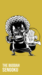 Rule 34 | 1boy, afro, angry, arms up, blacknirrow, cape, character name, chibi, clenched hand, clenched teeth, english text, fighting stance, forehead, forehead jewel, full body, glasses, highres, legs apart, male focus, monochrome, one piece, round eyewear, sengoku (one piece), short hair, simple background, sketch, solo, standing, teeth, telekinesis, v-shaped eyebrows, yellow background
