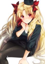 Rule 34 | 1girl, aburi rare, black jacket, black legwear, black skirt, blonde hair, blush, bow, breasts, closed mouth, contemporary, ereshkigal (fate), ereshkigal (festival outfit) (fate), fate/grand order, fate (series), garrison cap, hair bow, hat, heroic spirit festival outfit, jacket, long hair, long sleeves, looking at viewer, medium breasts, parted bangs, red bow, red eyes, red scarf, scarf, simple background, sitting, skirt, solo, thighs, two side up, white background