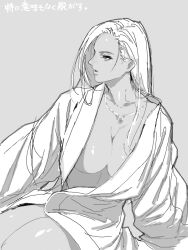 Rule 34 | 1girl, artist request, bad drawr id, bad id, breasts, character request, cleavage, collarbone, copyright request, forehead, grey background, greyscale, japanese clothes, jewelry, kimono, large breasts, long hair, mature female, monochrome, oekaki, open clothes, open kimono, parted lips, pendant, simple background, sitting, sketch, solo, thighs
